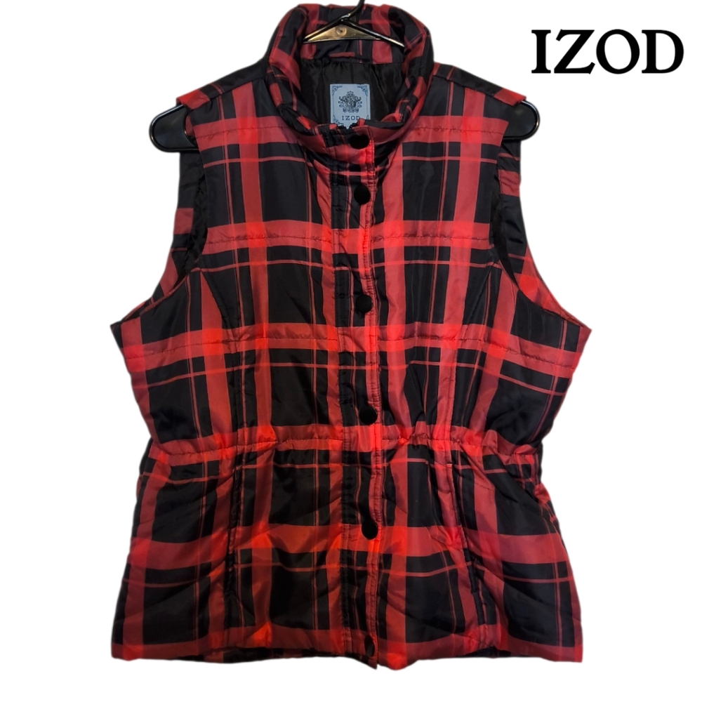 IZOD Red and Black Plaid Outerwear Puffer Vest